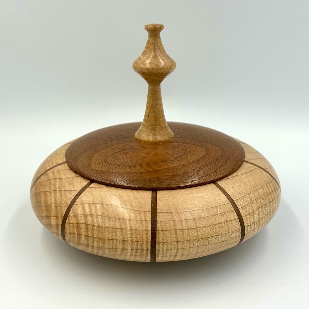 Artisan Turned Lidded Wooden Bowl Container Urn Stash Box Inlaid Wood